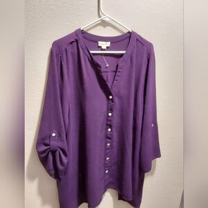 Indigo Purple Buttoned Blouse with Mandarin Collar